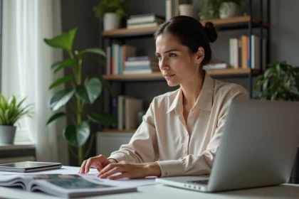 Femme en bureau moderne travaillant sur son ordinateur