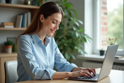 Femme au bureau souriante travaillant sur son ordinateur portable