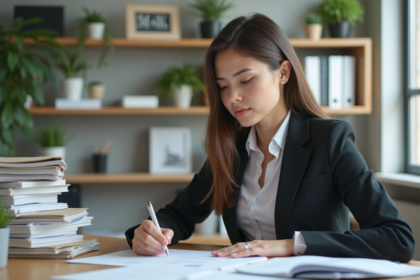 Femme en bureau moderne remplissant des papiers
