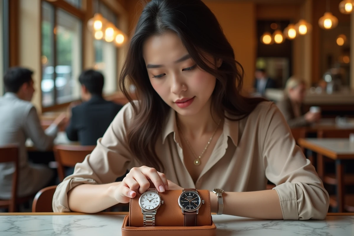 Femme assise au café comparant deux montres haut de gamme