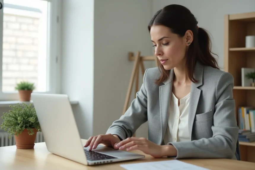Femme configurant une application de gestion d'agenda sur un ordinateur portable dans un bureau moderne pour gagner du temps au quotidien