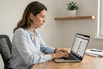 Femme consultant un annuaire du portage salarial sur son ordinateur portable dans un bureau à domicile