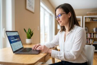 Femme consultant un site carrière d'entreprise sur son ordinateur portable dans un bureau à domicile moderne
