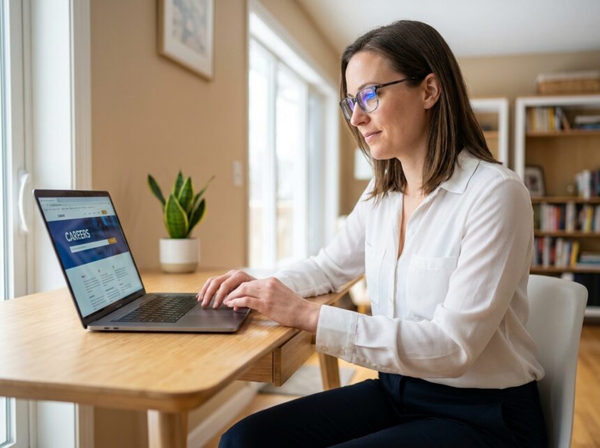 Femme consultant un site carrière d'entreprise sur son ordinateur portable dans un bureau à domicile moderne