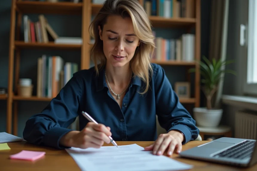 Femme examinant son contrat de travail CDD à son bureau pour réclamer sa prime de fin de contrat oubliée