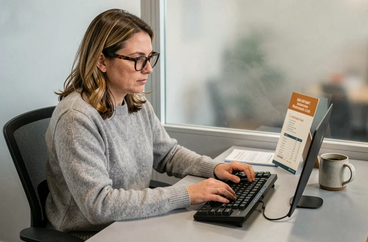Femme travaillant dans un espace de coworking à Bagnolet avec une brochure de tarifs posée sur son bureau