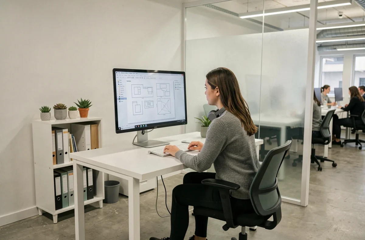 Femme travaillant seule dans un espace de coworking calme proche de Nantes avec un bureau moderne et un moniteur