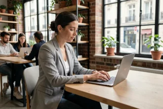 Femme travaillant sur un ordinateur portable dans un espace de coworking moderne à Montrouge avec vue sur la rue