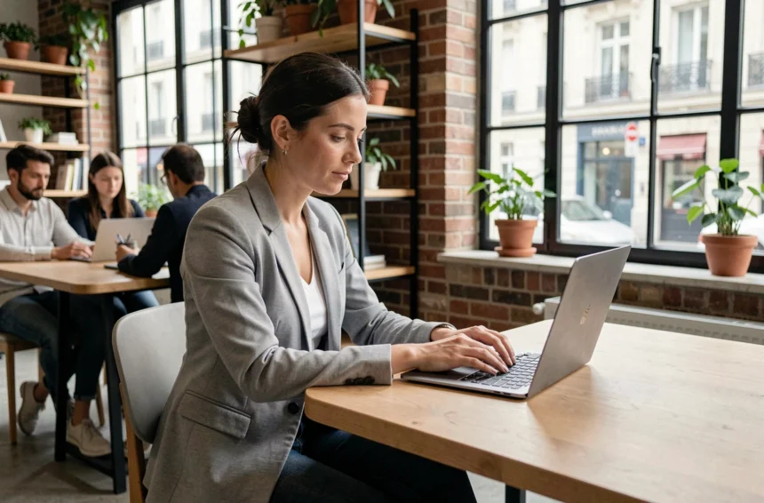 Femme travaillant sur un ordinateur portable dans un espace de coworking moderne à Montrouge avec vue sur la rue