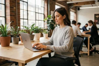 Femme travaillant en espace de coworking à Nogent-sur-Marne avec un laptop sur un bureau en bois