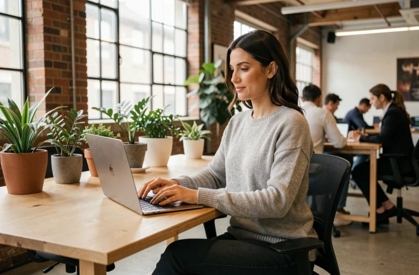Femme travaillant en espace de coworking à Nogent-sur-Marne avec un laptop sur un bureau en bois