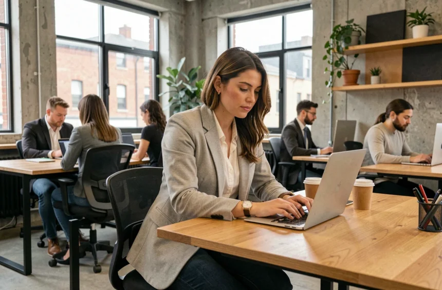 Femme travaillant dans un espace de coworking moderne à Vaulx-en-Velin, assise à un bureau partagé avec un ordinateur portable
