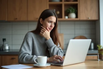 Femme pensante dans une cuisine moderne utilisant un ordinateur portable