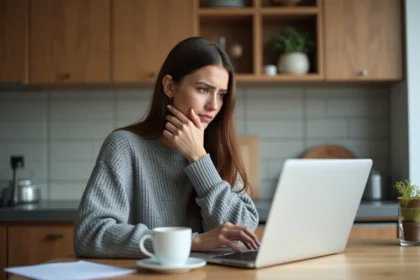 Femme pensante dans une cuisine moderne utilisant un ordinateur portable
