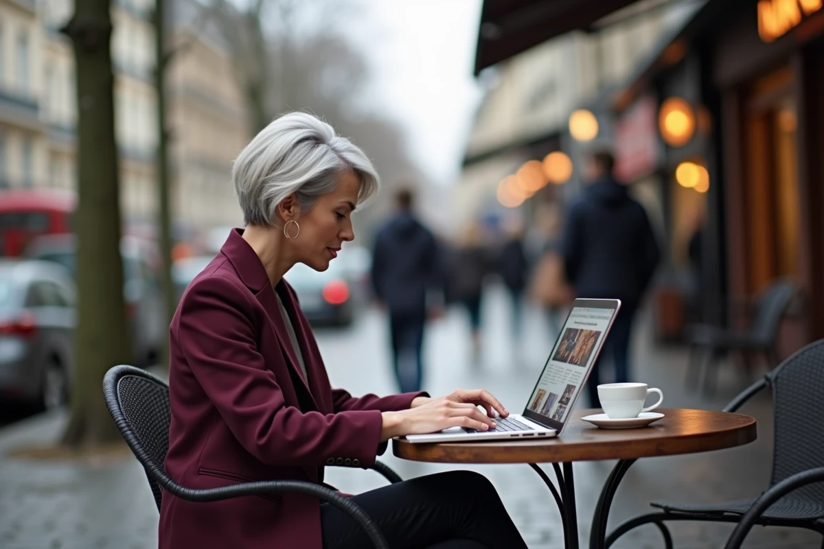 Femme dirigeante consultant un site d'information économique sur son ordinateur portable en terrasse de café à Paris