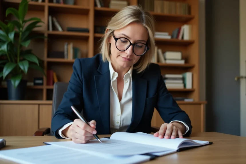 Professionnelle examinant des documents de propriété intellectuelle dans un bureau administratif moderne