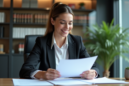 Femme en bureau examinant des documents de brevet