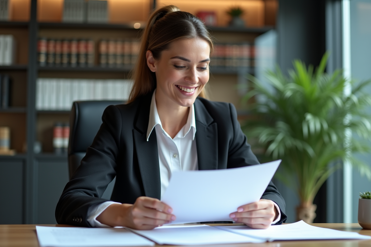 Femme en bureau examinant des documents de brevet