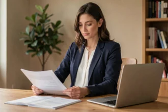 Femme enceinte en télétravail consultant des documents administratifs sur son bureau à domicile, illustrant le congé maternité en portage salarial