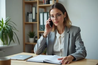 Femme entrepreneur contactant l'Urssaf par téléphone depuis son bureau à domicile lors de la création de son activité