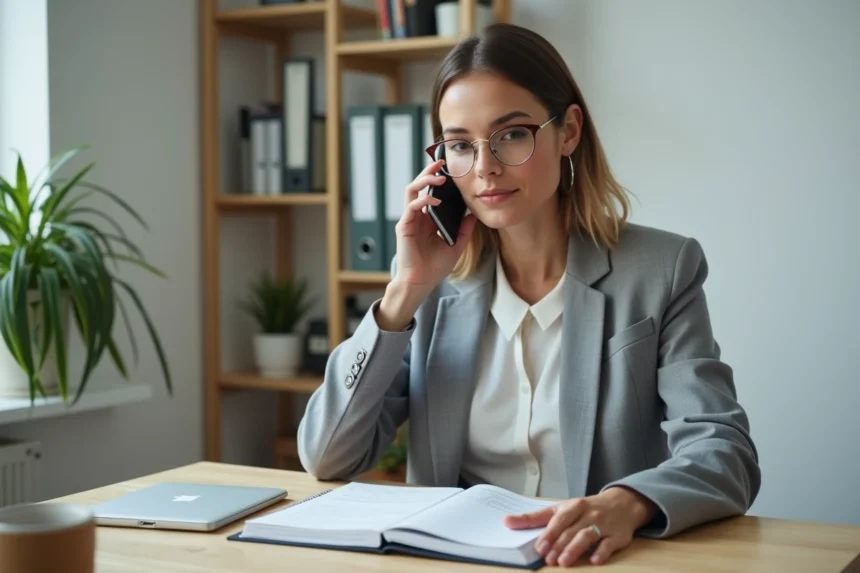 Femme entrepreneur contactant l'Urssaf par téléphone depuis son bureau à domicile lors de la création de son activité