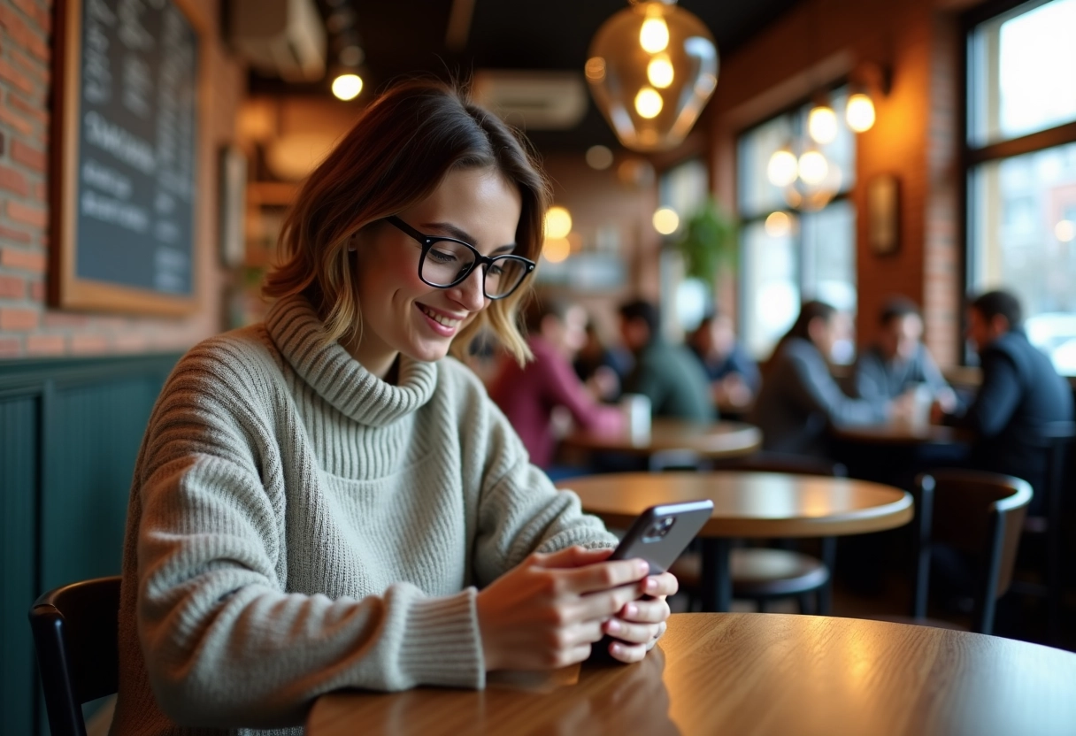 Jeune femme entrepreneure utilisant son smartphone au café