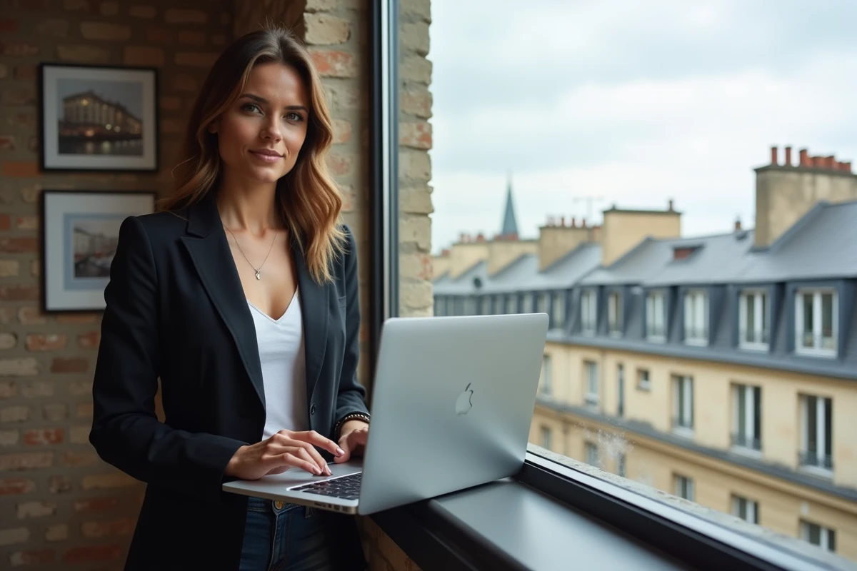 Femme confiante travaillant sur son ordinateur dans un bureau parisien