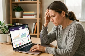 Femme frustrée devant son tableau de bord d'affiliation avec des graphiques en baisse, symbolisant les erreurs qui réduisent les commissions Conversant