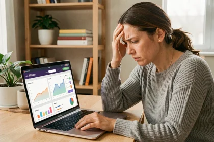 Femme frustrée devant son tableau de bord d'affiliation avec des graphiques en baisse, symbolisant les erreurs qui réduisent les commissions Conversant