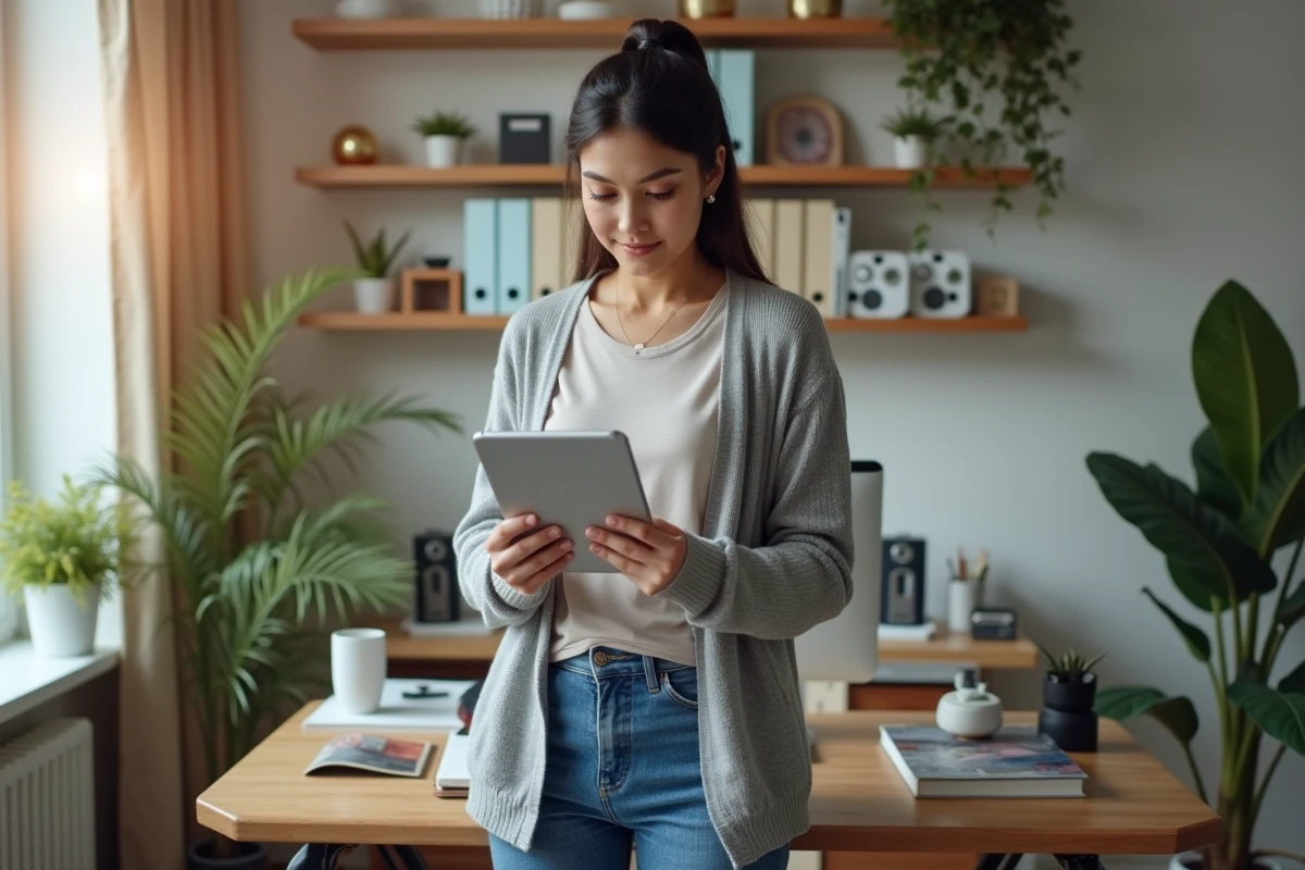 Femme en home office tenant une tablette et vérifiant des instructions