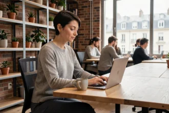 Femme indépendante travaillant dans un espace de coworking à Lens, assise à un bureau en bois partagé avec son ordinateur portable
