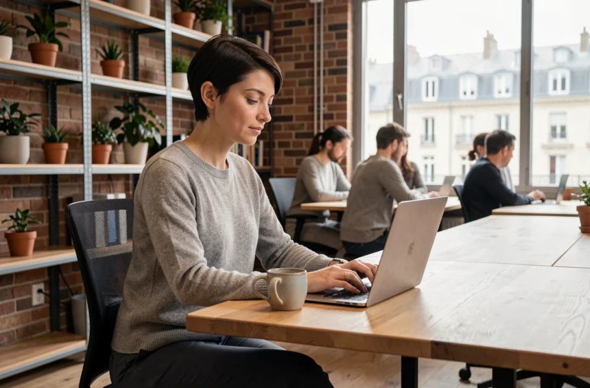 Femme indépendante travaillant dans un espace de coworking à Lens, assise à un bureau en bois partagé avec son ordinateur portable