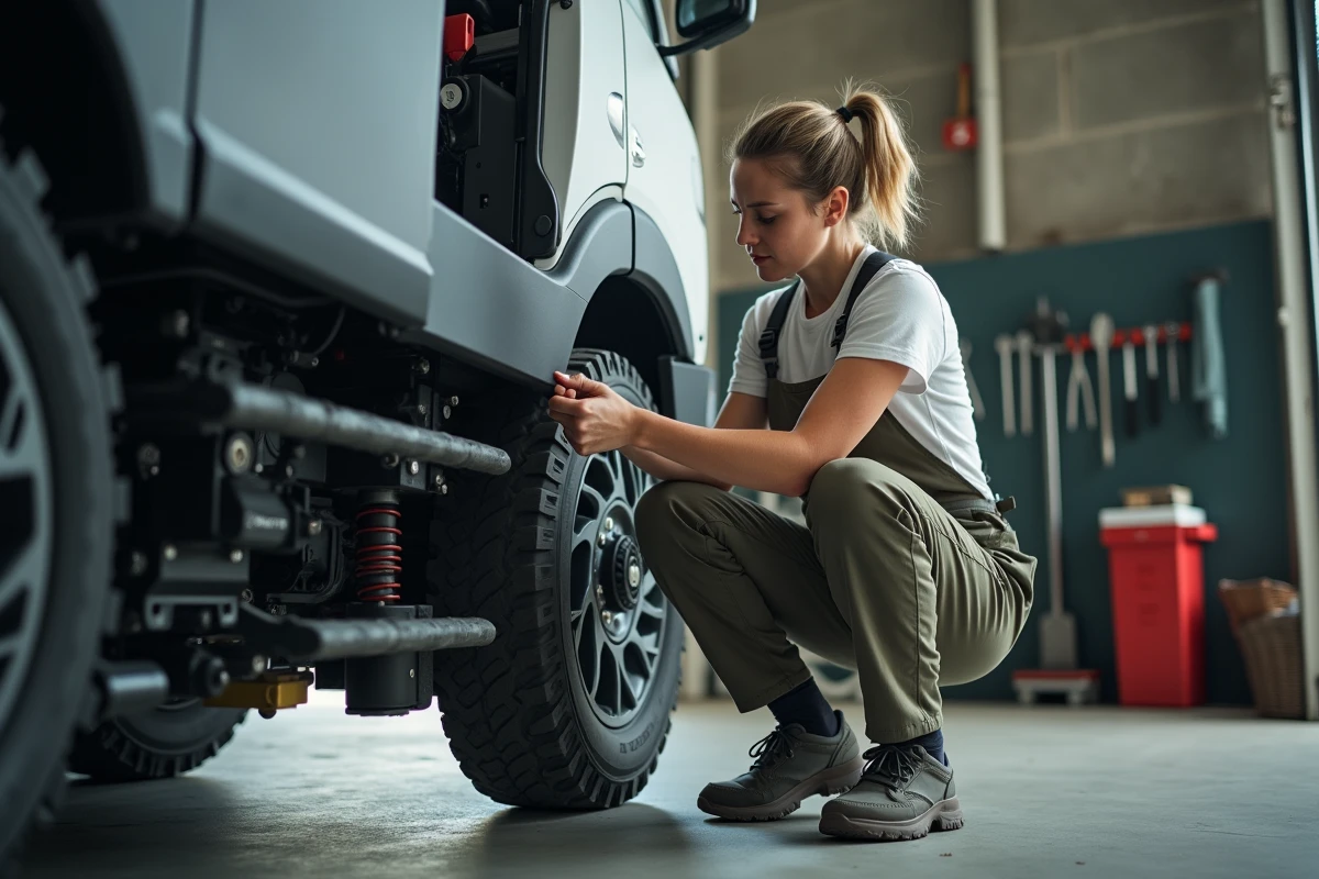 Femme inspectant une machine de nettoyage dans un garage lumineux