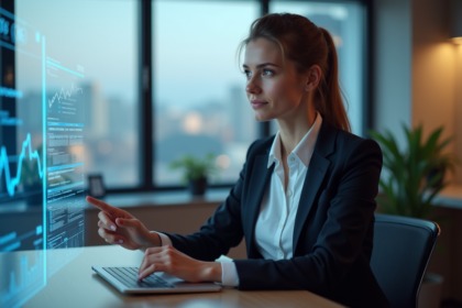 Femme en interaction avec une interface digitale dans un bureau moderne