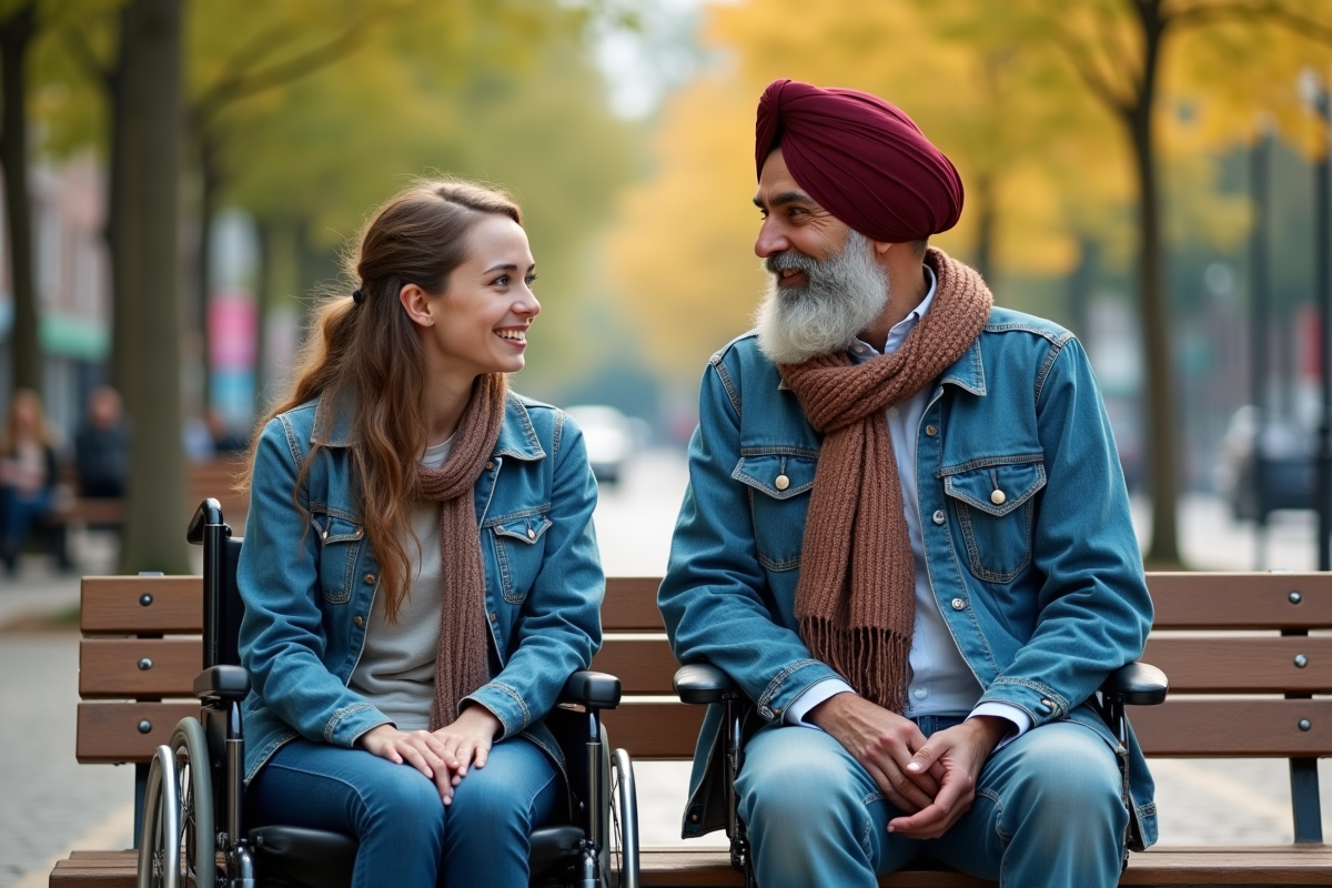 Jeune femme en fauteuil roulant et homme en turban discutent