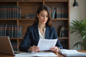 Femme juriste consultant une bourse emploi Notaires sur son bureau dans une étude notariale moderne