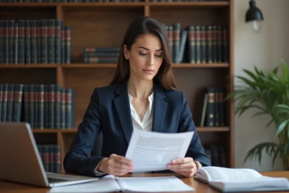 Femme juriste consultant une bourse emploi Notaires sur son bureau dans une étude notariale moderne
