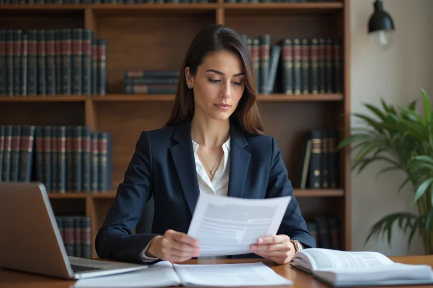 Femme juriste consultant une bourse emploi Notaires sur son bureau dans une étude notariale moderne