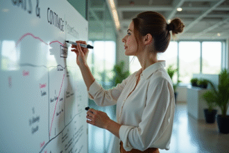 Femme en réunion esquissant un plan de objectifs