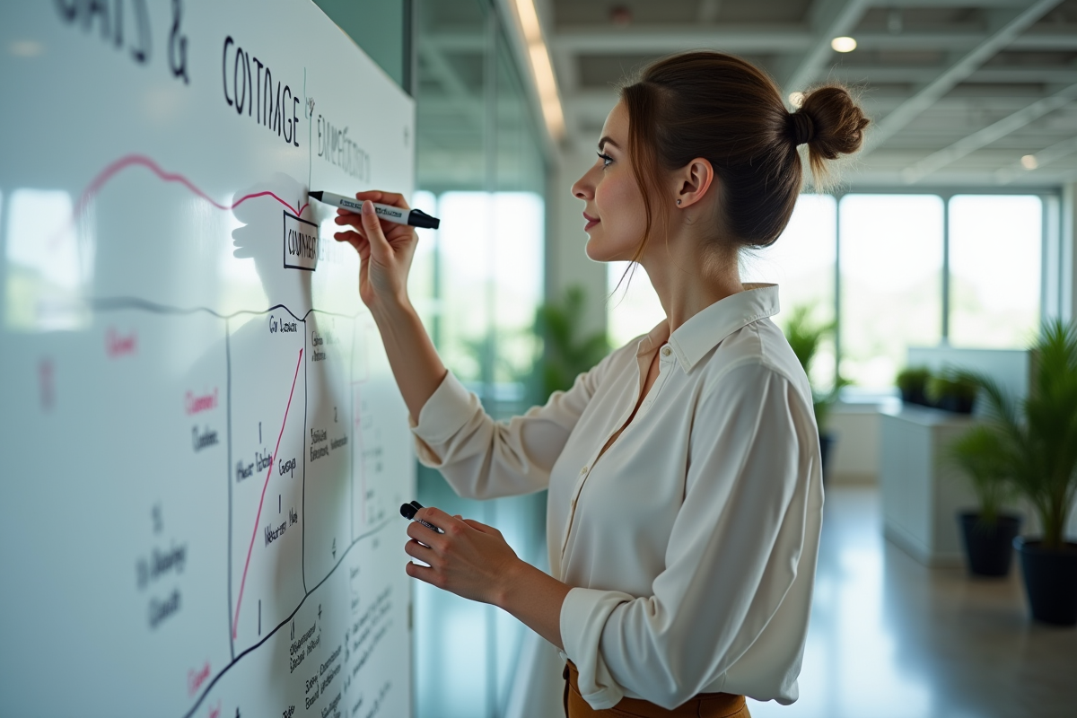 Femme en réunion esquissant un plan de objectifs