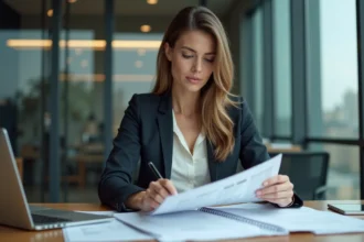 Femme en costume organisant des documents financiers dans un bureau moderne