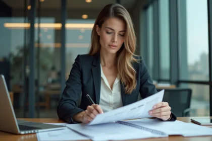 Femme en costume organisant des documents financiers dans un bureau moderne