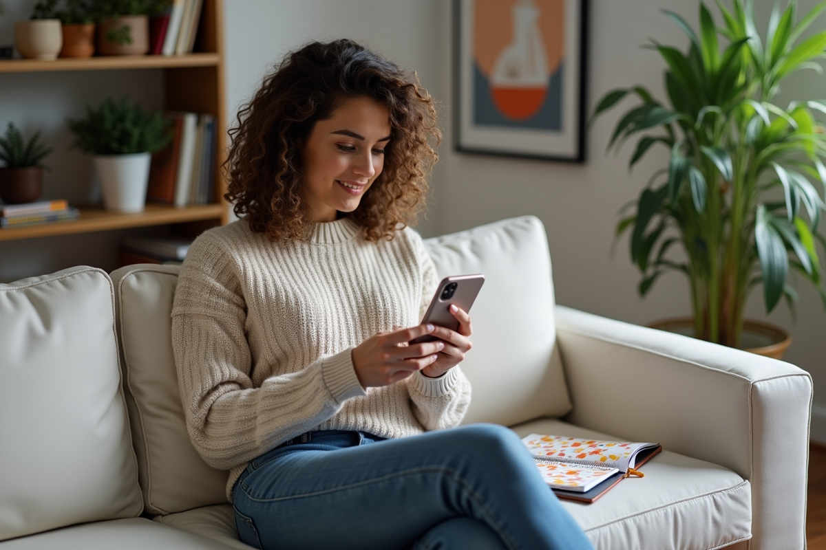 Femme planifiant une campagne digitale dans un espace cosy