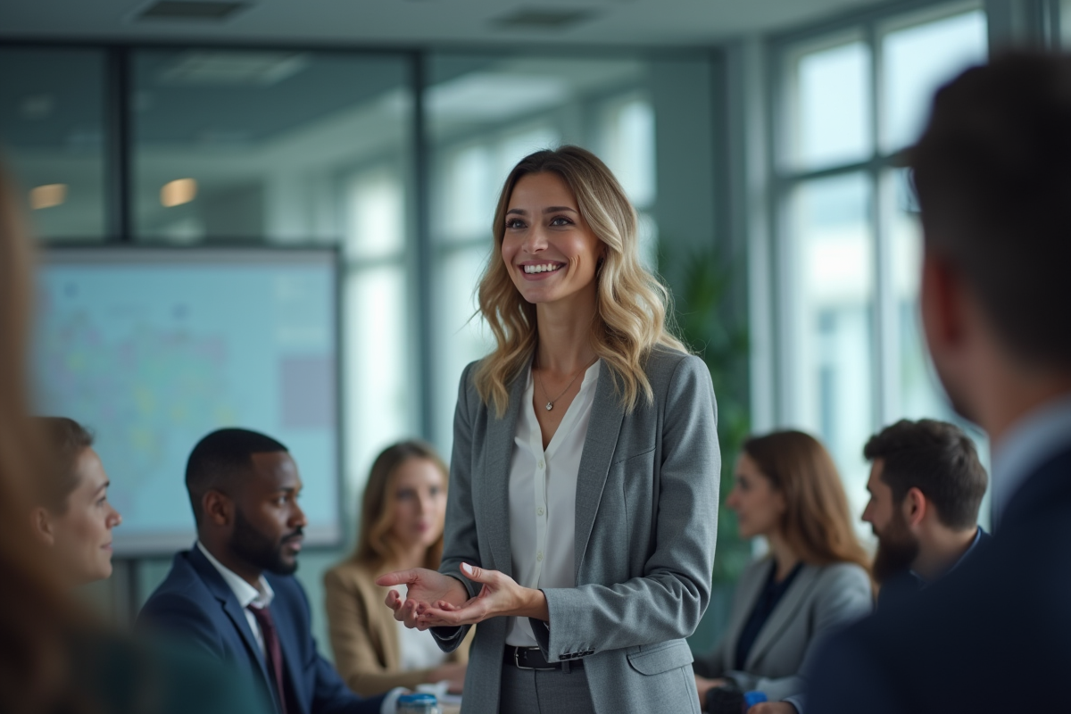 Femme confiante donnant une présentation en réunion moderne