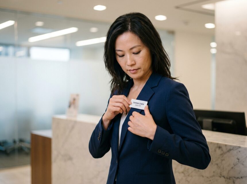 Femme professionnelle ajustant son badge d'identification dans un hall d'entreprise moderne