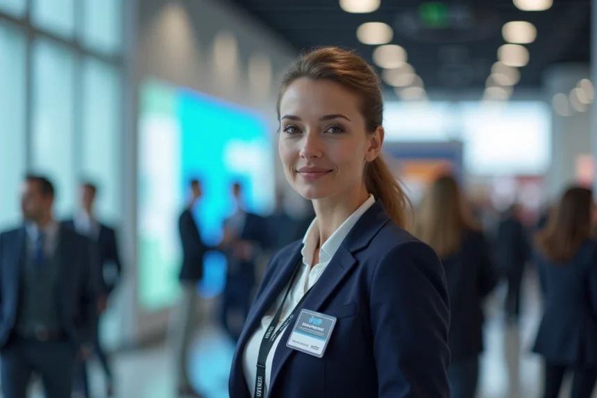 Femme professionnelle tenant un badge d'identification à lanière lors d'un salon professionnel dans un centre de congrès moderne