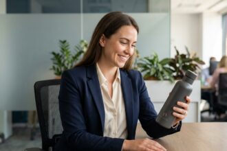 Jeune femme en costume examine une bouteille réutilisable au bureau