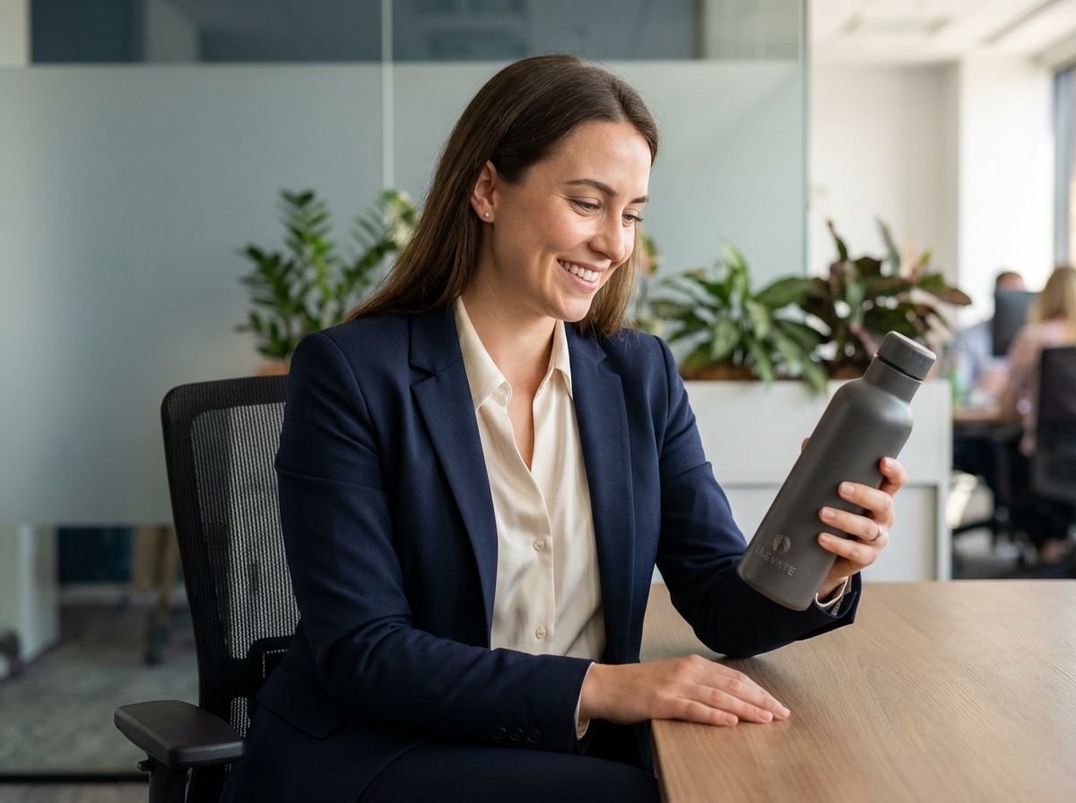 Jeune femme en costume examine une bouteille réutilisable au bureau