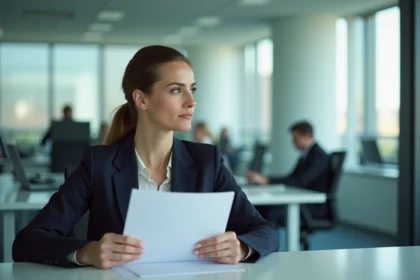 Femme d affaires assise au bureau regardant par la fenêtre