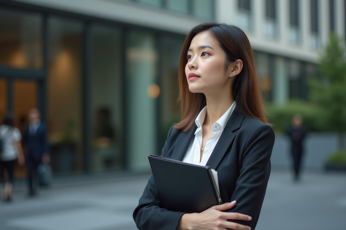 Femme professionnelle debout devant un bâtiment de bureau